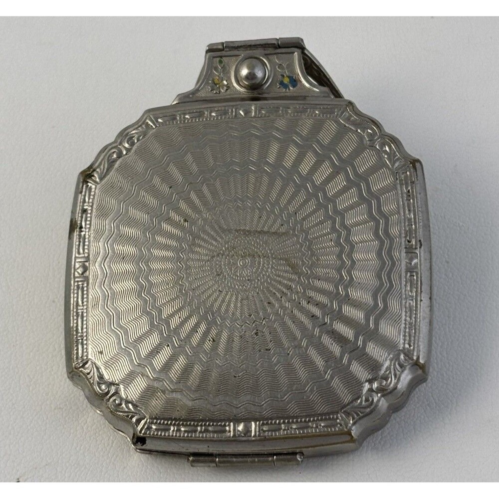 Evans 1920’s Art Deco Silver Metal Mirror Compact Guilloche Enamel With Stand - Picture 9 of 11